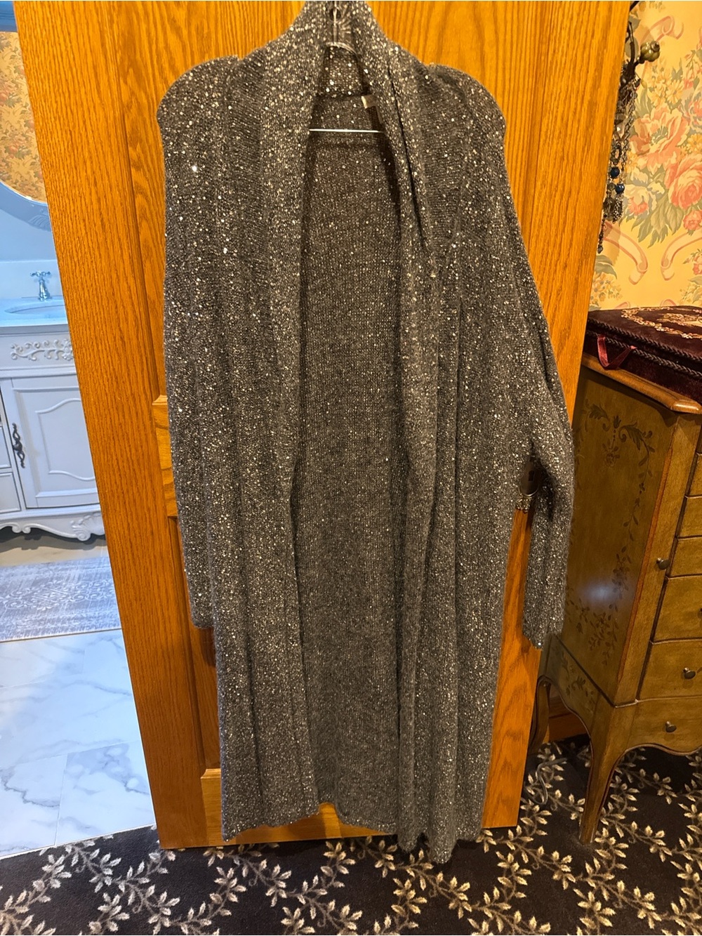 Garnet Hill Silver-Gray Sparkle Open-Front Cardigan